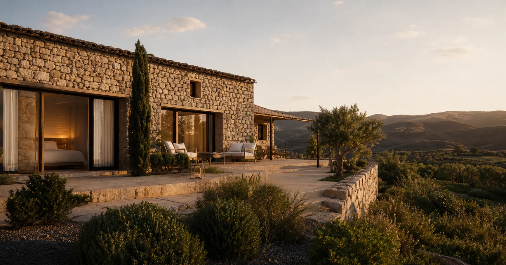 Alojamiento rural boutique entre montañas al atardecer
