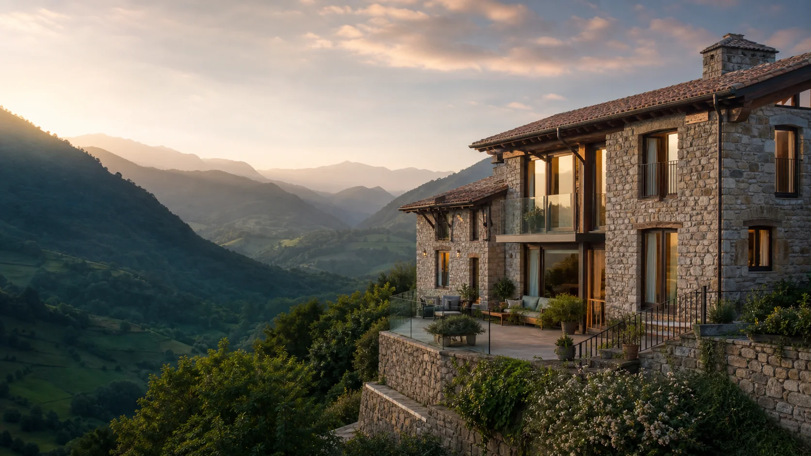Hostal boutique con vistas a un valle de montaña al amanecer